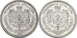 reverse: Montenegro.  Nicholas I (1910-1918). Lot of two (2) perper: 1912 (AU) and 1914 (XF)