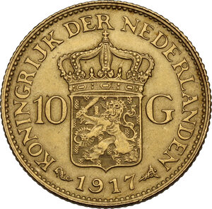 reverse: Netherlands.  Willhelmina (1890-1948).. 10 Gulden 1917