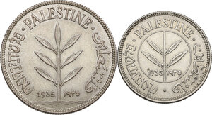 obverse: Palestine.  British Administration . Lot of two (2) coins: 100 (MS) and 50 mils (XF) 1935