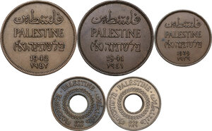 obverse: Palestine.  British Administration . Lot of five (5) coins: 5 mils 1939, 1942, 2 mils 1941, 1942, mil 1939