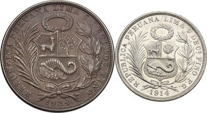 obverse: Peru .  Republic. Lot of two (2) coins: sol 1924 (XF) and 1/2 sol 1914 (AU)