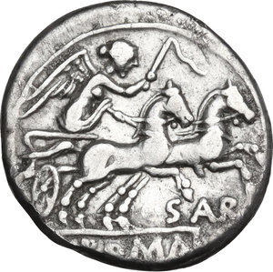 reverse: Sex Atilius Saranus. AR Denarius, 155 BC
