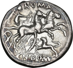 reverse: Cn. Domitius Ahenobarbus.. AR Denarius, 128 BC
