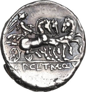 reverse: Appius Claudius Pulcher, T. Manlius Mancinus and Q. Urbinius . AR Denarius, 111-110 BC