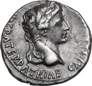 obverse: Augustus (27 BC - 14 AD).. Fourrée Denarius, Lugdunum mint. Struck 2 BC-4 AD