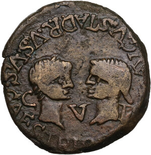 obverse: Tiberius (14-37) with Julia Augusta (Livia) and Drusus .  Ae As, Tarraco mint, Spain. Struck c. 22-23 AD