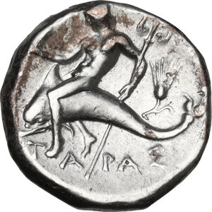 reverse: Southern Apulia, Tarentum. AR Nomos, 272-235 BC. The Roman alliance