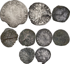 obverse: Lotto di nove (9) monete di ambito Toscano. Nel gruppo un grosso aquilino per Pisa e una cervia per Massa di Lunigiana