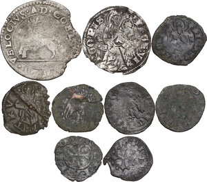 reverse: Lotto di nove (9) monete di ambito Toscano. Nel gruppo un grosso aquilino per Pisa e una cervia per Massa di Lunigiana