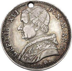 obverse: Bologna.  Gregorio XVI (1831-1846), Bartolomeo Alberto Cappellari. . Medaglietta portativa ottenuta da un esemplare dei 20 baiocchi A. X