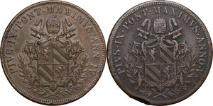 obverse: Bologna.  Pio IX  (1846-1878), Giovanni Mastai Ferretti.. Lotto di due monete da 5 Baiocchi 1850 Roma e Bologna