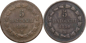reverse: Bologna.  Pio IX  (1846-1878), Giovanni Mastai Ferretti.. Lotto di due monete da 5 Baiocchi 1850 Roma e Bologna