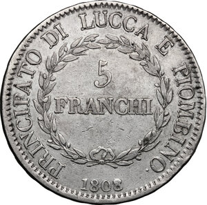 reverse: Lucca e Piombino.  Elisa Bonaparte e Felice Baciocchi (1805-1814).. 5 Franchi 1808