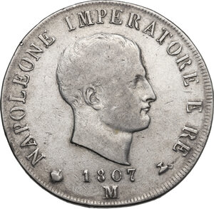 obverse: Milano.  Napoleone I (1805-1814) Imperatore di Francia e Re d Italia.. 5 lire 1807, cifre spaziate