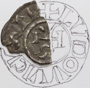 reverse: Roma.  Gregorio IV con Ludovico il Pio (828-840). Frammento di Denaro antiquiore