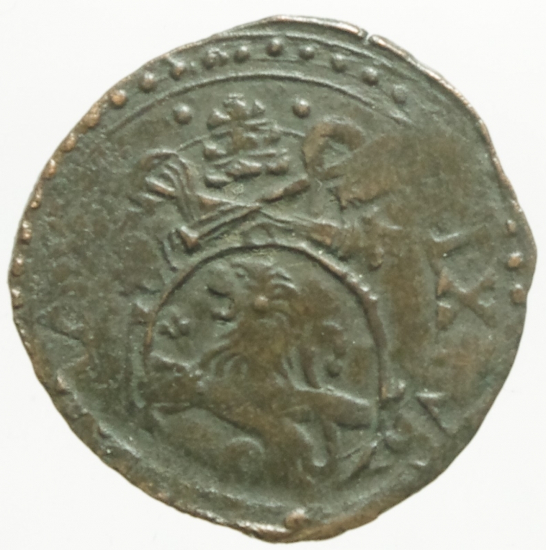 obverse: Zecche Italiane. Fano. Sisto V (1585-1590). Quattrino. M.116. R. AE. Peso 0,65 gr.BB.