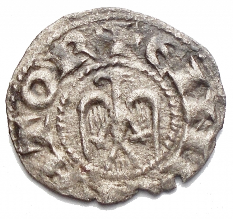 reverse: Zecche Italiane - Messina Enrico VI (1191-1197) Denaro del 1196a nome di Enrico e Federico. D/ Busto di Federico bambino. R/ Aquila. Gr. 0.59. MI. Sp.32. R. BB+. Argentatura