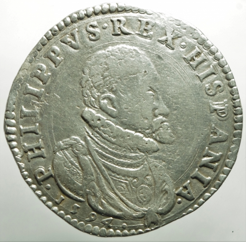 obverse: Zecche Italiane.Milano. Filippo II re di Spagna (1556-1598). Scudo 1594 AG gr. 31,87. Crippa 15/C. MIR 308/25. Olivares 47 (12 tipo). Molto raro. BB