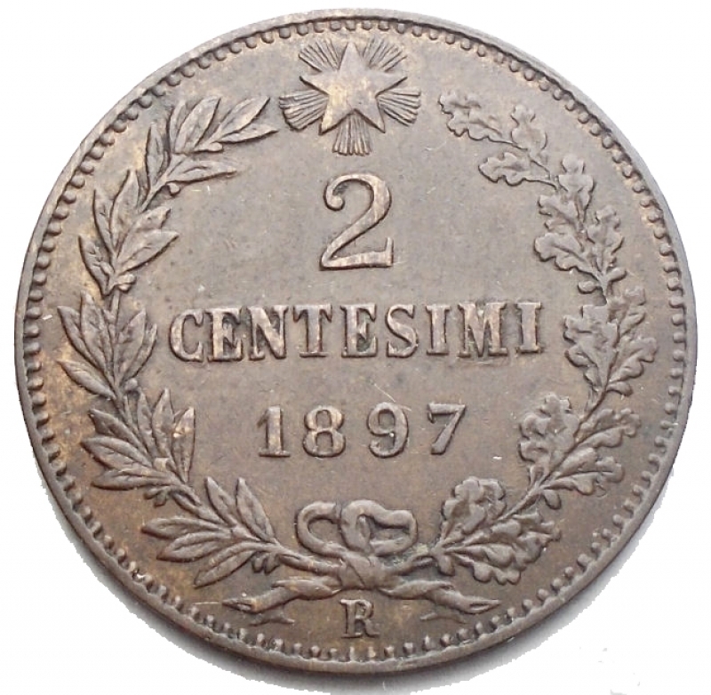 reverse: Casa Savoia - Umberto I. 2 Centesimi 1897. Cu. Pagani 622. SPL+. Parzialmente rosso