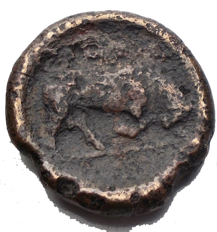 obverse: Mondo Greco -Lucania, Thurium.AE. IV secolo a.C.D/ Testa di Athena a destra.R/Toro cozzante a destra.gr 6,15.mm 19,56. MB-qBB.