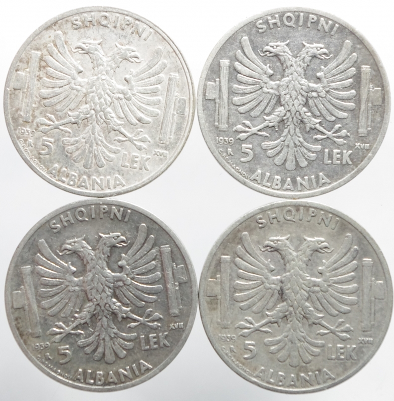 reverse: Lotti.Casa Savoia.Albania.Lotto di 4 monete da 5 Lek 1939,Ar. Mediamente BB