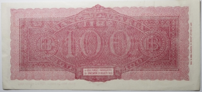 reverse: Cartamoneta. Luogotenenza. 100 Lire Italia Turrita. Decreto 7 agosto 1943. Introna - Urbini. qSPL.
