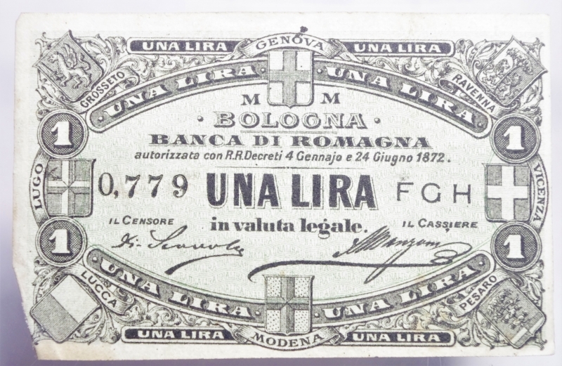 obverse: Banconote. Banca di Romagna Bologna. Biglietto fiduciario da 50 centesimi 01/09/1872. BB+. RR.