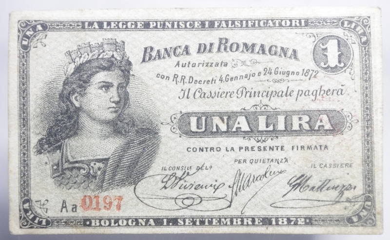 obverse: Banconote. Banca di Romagna Bologna. Biglietto fiduciario da 1 Lira.Italia Turrita 24/06/1872. Rif. Alfa. BB+. RR.
