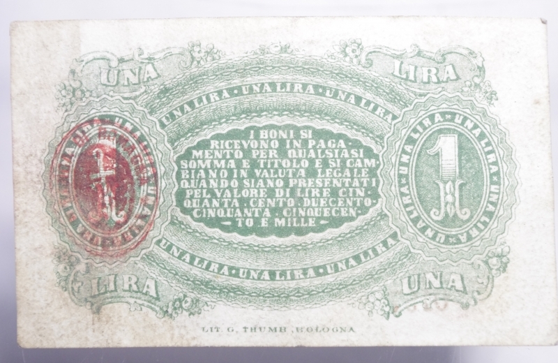 reverse: Banconote. Banca di Romagna Bologna. Biglietto fiduciario da 1 Lira.Italia Turrita 24/06/1872. Rif. Alfa. BB+. RR.