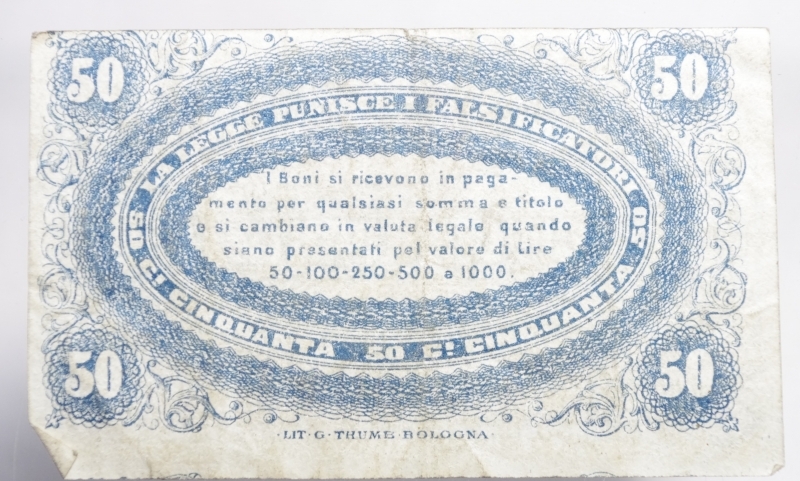 reverse: Banconote. Banca di Romagna Bologna. Biglietto fiduciario da 1 Lira. 24/06/1872. Rif. Alfa. FID 6020.11. BB+. RR.