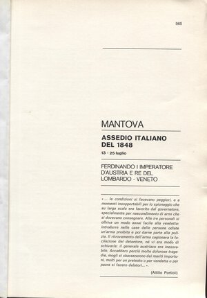 obverse: TRAINA  M. -  Mantova. Assedio italiano del 1848.  Bologna, 1975.  Pp. 565 – 581, tavv. 1. Ril. carta varese, buono stato.
