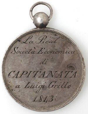 reverse: Periodo borbonico. Capitanata. Medaglia 1843. Ag. Medaglia premio della Real Società Economica di Capitanata a Luigi Grillo 1843. 