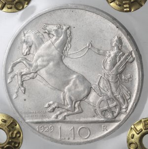 reverse: Vittorio Emanuele III. 1900-1943. 10 Lire 1929 Biga due rosette. Ag. 