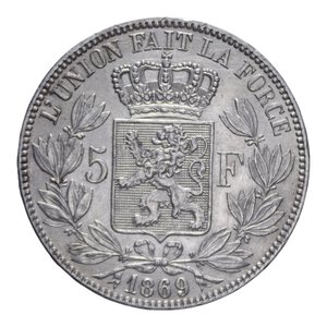 reverse: BELGIO LEOPOLDO II 5 FRANCHI 1869 AG. 25,01 GR. BB+/BB-SPL