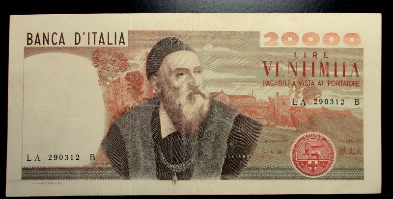 obverse: Cartamoneta Italiana. 20.000 lire Tiziano. Decreto 21-02-1975