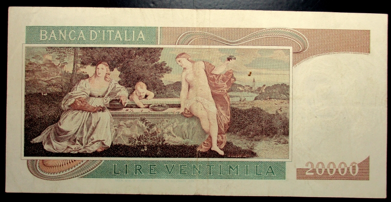 reverse: Cartamoneta Italiana. 20.000 lire Tiziano. Decreto 21-02-1975