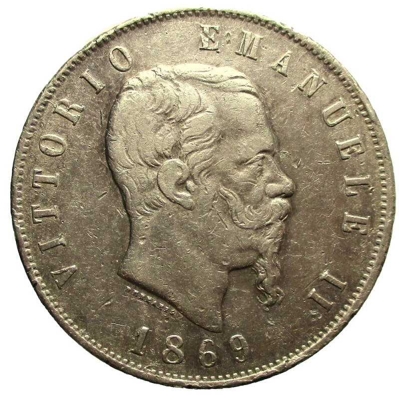obverse: Milano. Vittorio Emanuele II. 1861-1878. 5 lire 1869