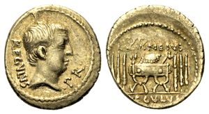 obverse: Roma Repubblica. Livineia. Lucius Livineius Regulus. 42 a.C. Denario. 