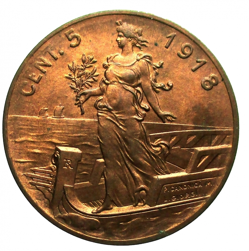 reverse: Vittorio Emanuele III (1900-1943). 5 Cent. 1918 