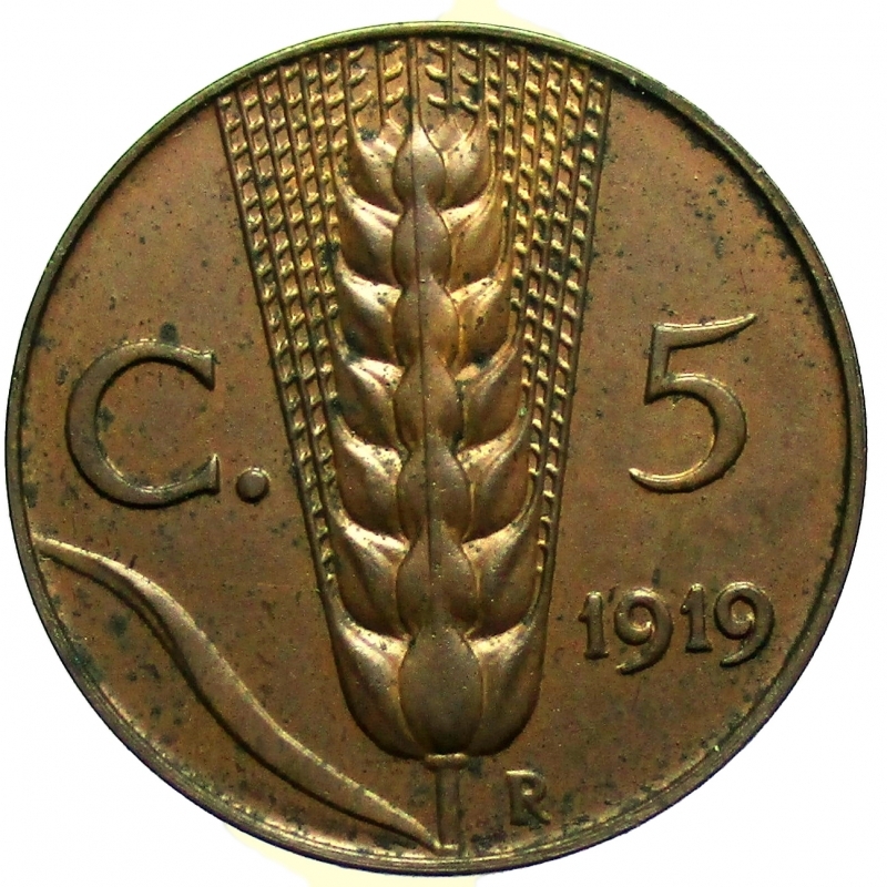 reverse: Vittorio Emanuele III (1900-1943). 5 Cent. 1919 NC