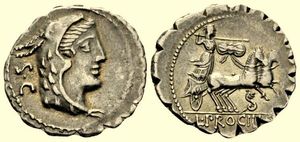 obverse: Repubblica Romana. Gens Procilia. Lucius Procilius. 80 a.C. Denario.