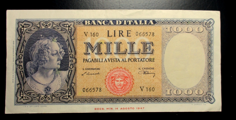 obverse: Cartamoneta Italiana. 1000 Lire Italia ornata di perle  D.M. 10/02/48