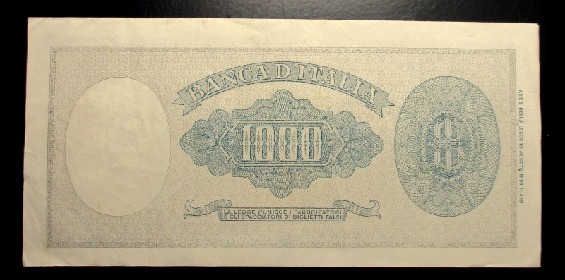 reverse: Cartamoneta Italiana. 1000 Lire Italia ornata di perle  D.M. 10/02/48