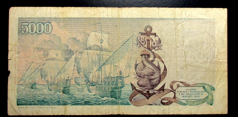 reverse: Cartamoneta Italiana. 5.000 lire Colombo II° tipo. D.M. 11/04/1971 e 15 /05/1971 