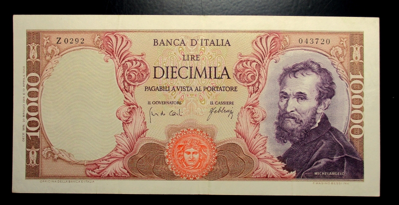 obverse: Cartamoneta Italiana.  10000 LIRE 20/05/1966 Michelangelo