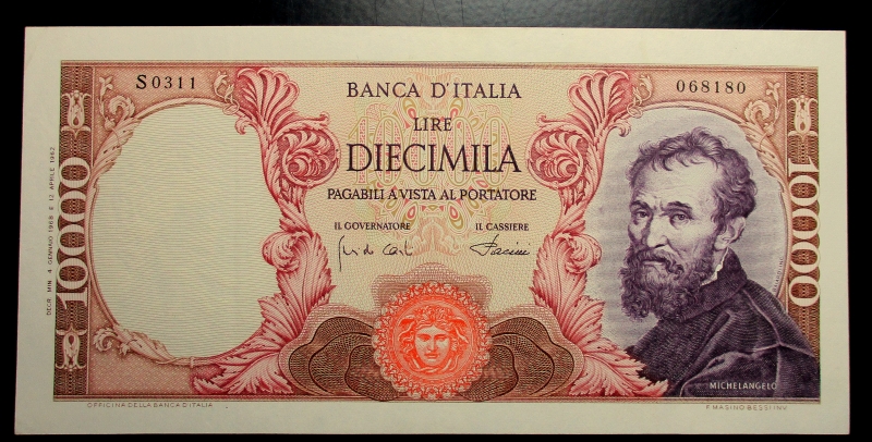 obverse: Cartamoneta Italiana.  10000 LIRE 4/01/1968 Michelangelo