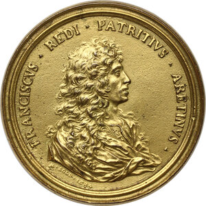 obverse: Francesco Redi (1626-1698), medico e poeta.. Medaglia 1684 con bordo modanato