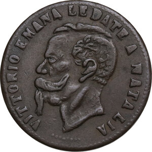 obverse: Vittorio Emanuele II  (1820-1878).. Gettone satirico ricavato dai 5 centesimi e alterato al bulino