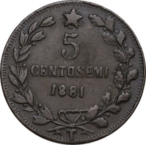 reverse: Vittorio Emanuele II  (1820-1878).. Gettone satirico ricavato dai 5 centesimi e alterato al bulino