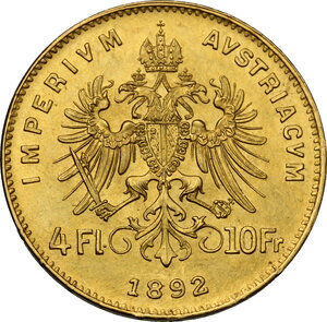 reverse: Austria.  Franz Joseph (1848-1916).. 4 Florins-10 Francs 1892 Restrike